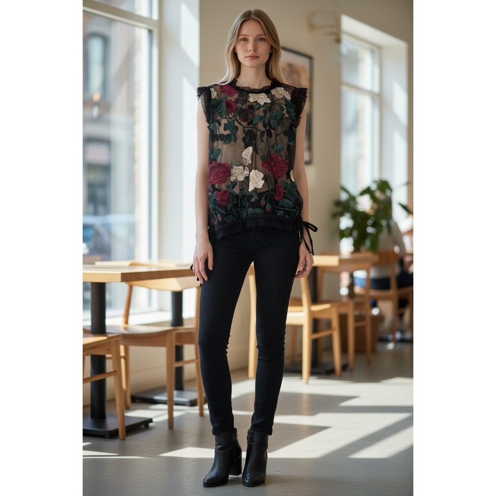 GRACIA Black Floral Embroidered Sheer Mesh Cap Sleeve Fairy‎ Top Blouse Womens L